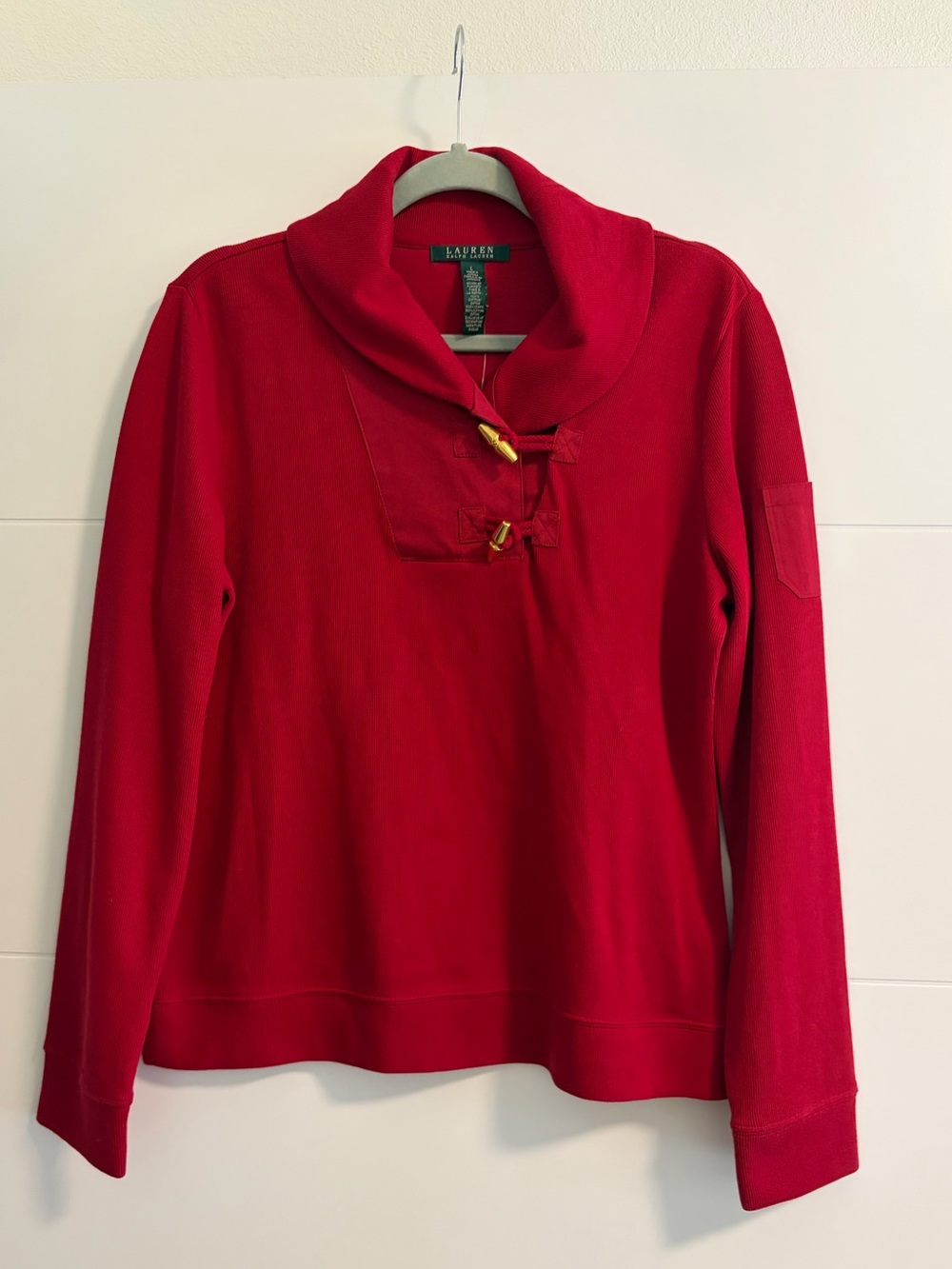Lauren Ralph Lauren Red Shawl Collar Toggle Sweater Top Sz L NWT Natural Fibers